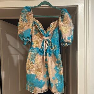 Buddy Love Blue and Gold Puff Sleeve Blouse